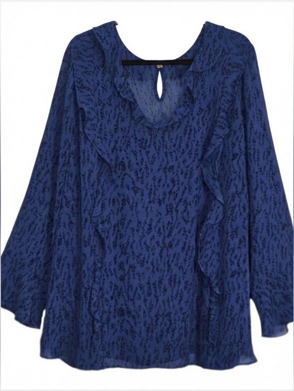 Penningtons Sheer Ruffled Blouse Plus Size 4X Blue Black Long Sleeve Top